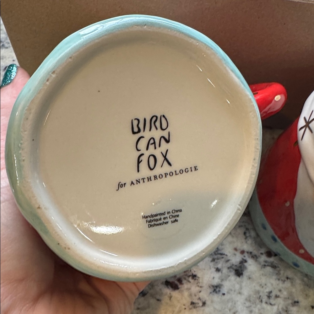 *SET OF 2* ANTHROPOLOGIE BIRD CAN FOX SANTA FACE MUGS - Picture 4 of 8